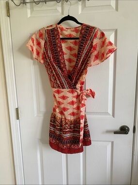 Bohemian Red & Cream Wrap Dress